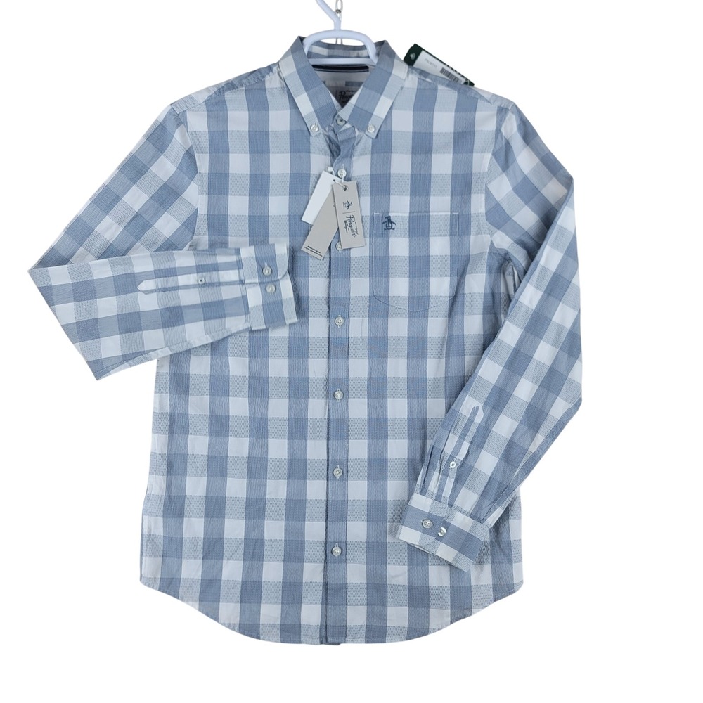 Original Penguin Munsingwear Button Down Shirt Mens M Grey Dobby Plaid Stretch